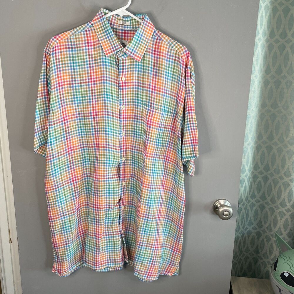 Peter Millar Mens L Short Sleeve 100% Linen Button Up Check Patterned Shirt